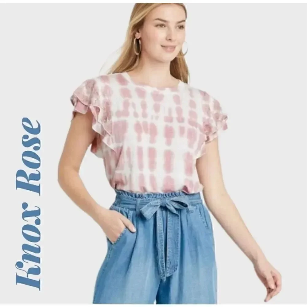 Knox Rose tie-dye top, pink and white, ruffled sleeves, size medium